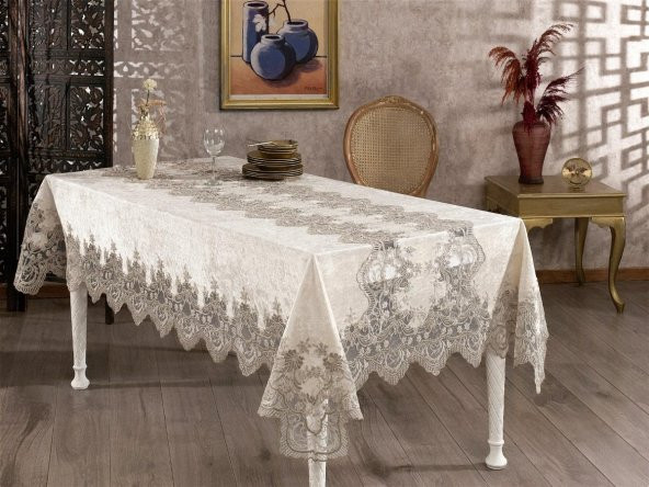 Finezza Karina Dantelli Kadife Krem Masa Örtüsü Dikdörtgen 160x230 cm - 1175
