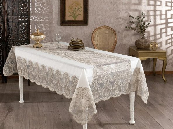 Finezza Angel Dantelli Kadife Krem Masa Örtüsü Dikdörtgen 160x230 cm - 1176