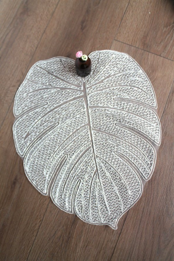 Gümüş Modern Yaprak Desenli Dantel Nakışlı Servis - Tepsi Örtüsü - Çeyizlik- Runner - Resim 2