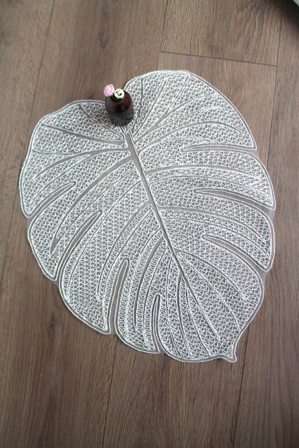 Gümüş Modern Yaprak Desenli Dantel Nakışlı Servis - Tepsi Örtüsü - Çeyizlik- Runner - Resim 3