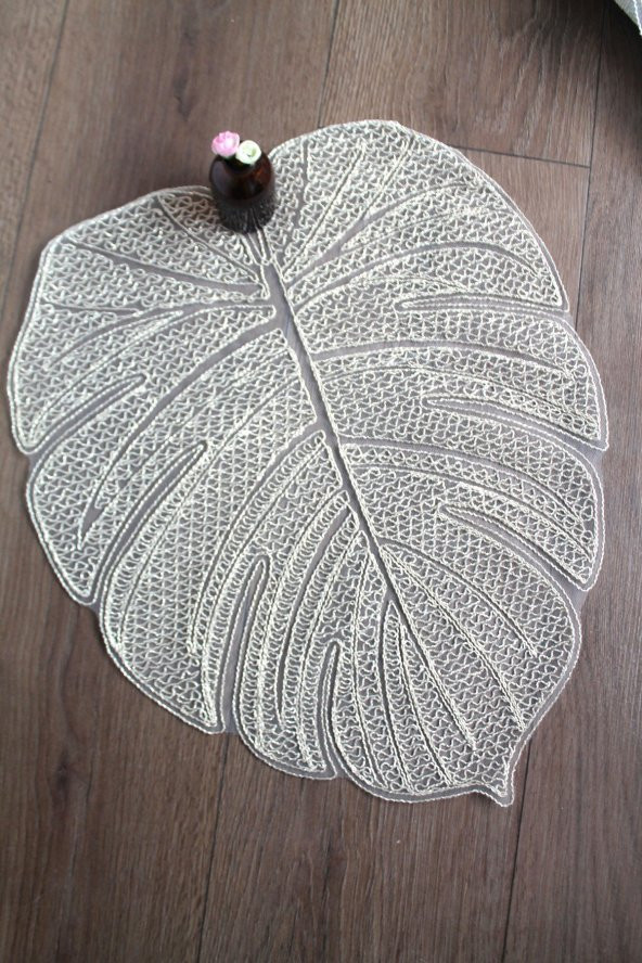 Gümüş Modern Yaprak Desenli Dantel Nakışlı Servis - Tepsi Örtüsü - Çeyizlik- Runner - Resim 4