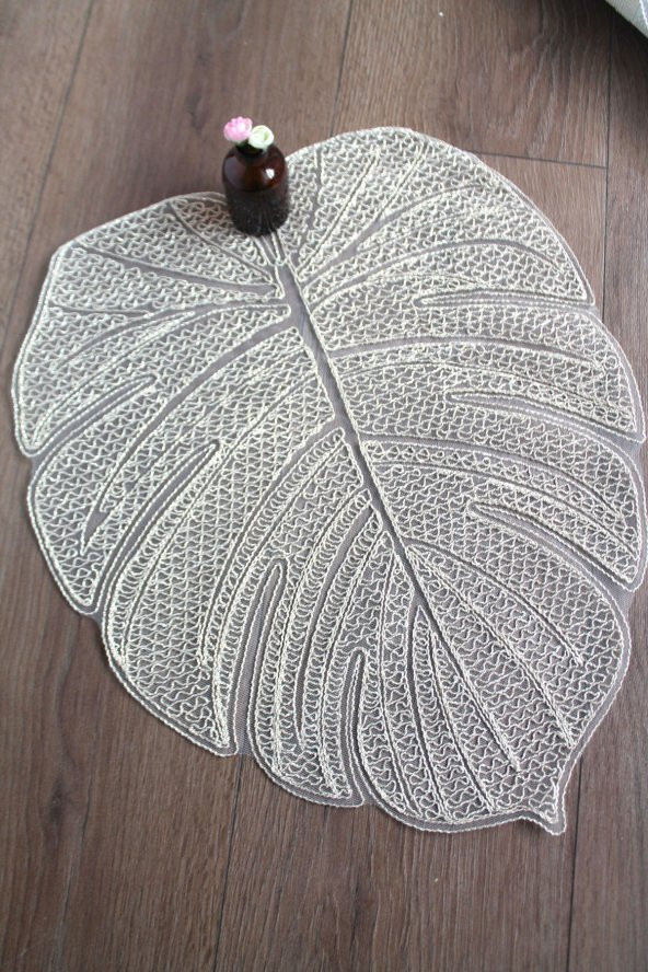 Gold Modern Yaprak Desenli Dantel Nakışlı Servis - Tepsi Örtüsü - Çeyizlik- Runner - Resim 2