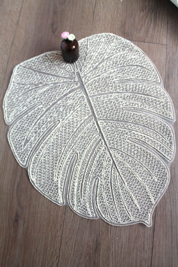 Gold Modern Yaprak Desenli Dantel Nakışlı Servis - Tepsi Örtüsü - Çeyizlik- Runner - Resim 3