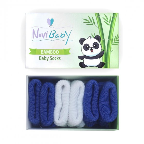 Novibaby 3lü Bambu Yenidoğan Bebek Çorap I White Blue I 0-6 ay
