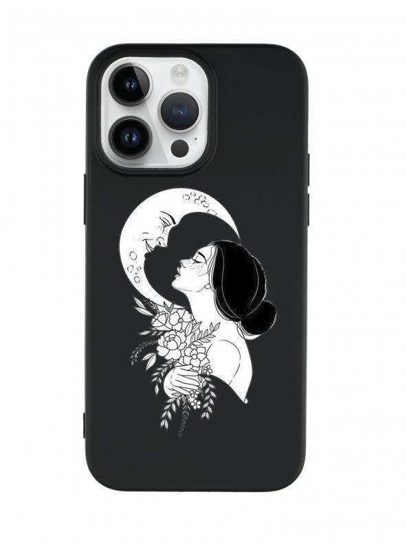 iPhone 14 Pro Uyumlu Moon and Women Desenli Premium Silikonlu Lansman Telefon Kılıfı