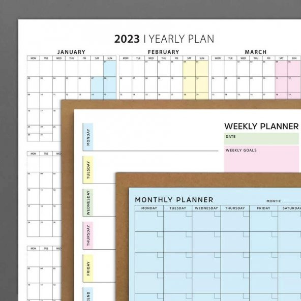 Üçlü Planlayıcı Set - Pastel Renkler Haftalık Planlama & Aylık Planlama Not Defteri & Duvar Takvimi
