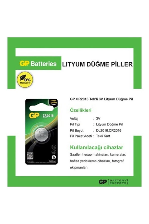 Gp 3V Lityum Düğme Pil Tekli Paket CR2016 - 7