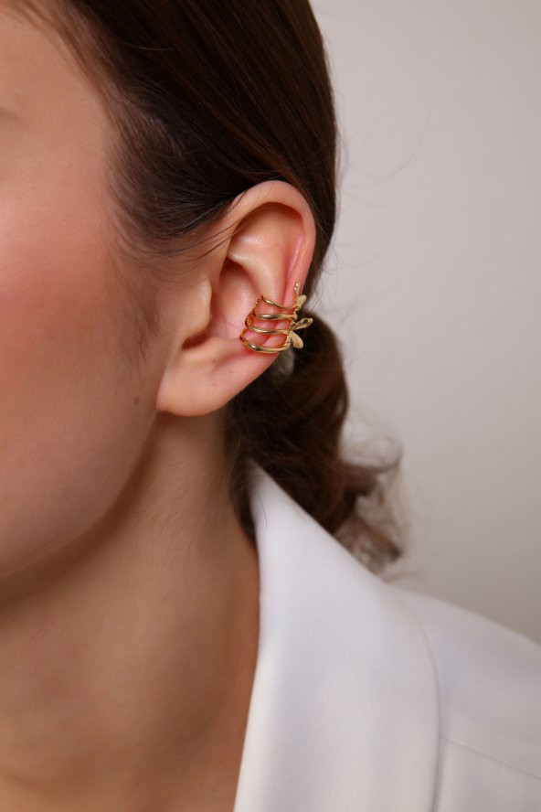 Altın Kaplama Kelebekli Sıkıştırılabilir Earcuff Küpe - 3