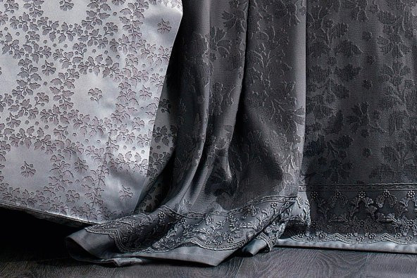 Finezza Delux Jakar Dantelli Bambu Nevresimli Gri Gelin Seti 9 Parça - 1212 - Resim 3