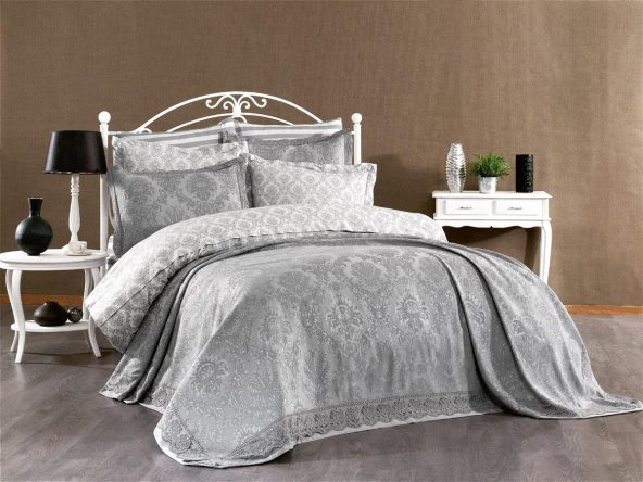 Finezza Diva Jakar Dantelli Bambu Nevresimli Gri Gelin Seti 9 Parça - 1216