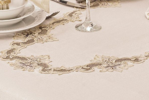 Finezza Anka Güpürlü Keten Krem Sofra Takımı 8 kişilik 160x230 cm 17 Prç  - 1219 - 4