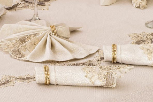 Finezza Anka Güpürlü Keten Krem Sofra Takımı 8 kişilik 160x230 cm 17 Prç  - 1219 - 5