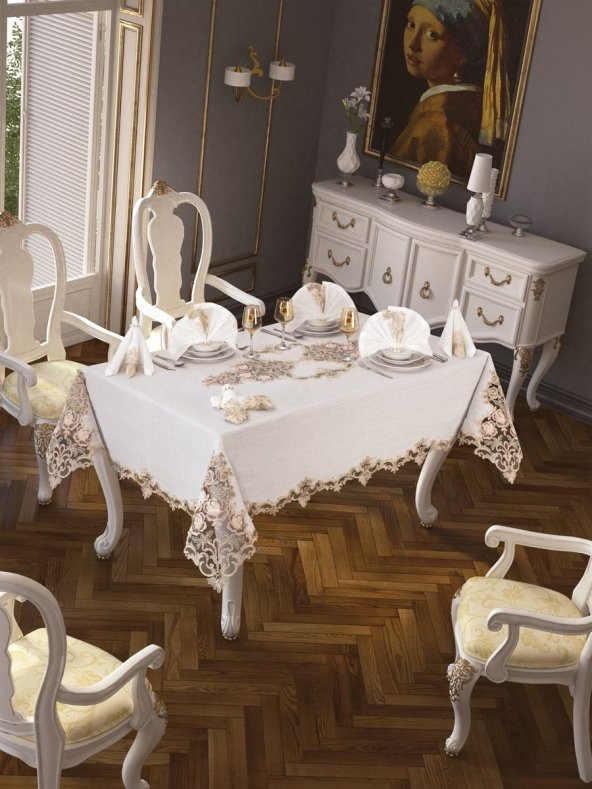Finezza Henna Güpürlü Keten Krem Sofra Takımı 8 kişilik 160x230 cm 17Prç  - 1220
