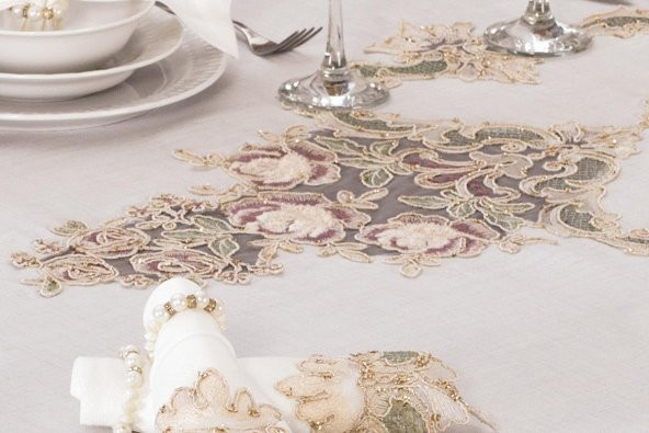 Finezza Henna Güpürlü Keten Krem Sofra Takımı 8 kişilik 160x230 cm 17Prç  - 1220 - 5