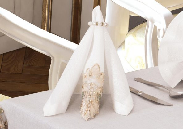 Finezza Henna Güpürlü Keten Krem Sofra Takımı 8 kişilik 160x230 cm 17Prç  - 1220 - 6