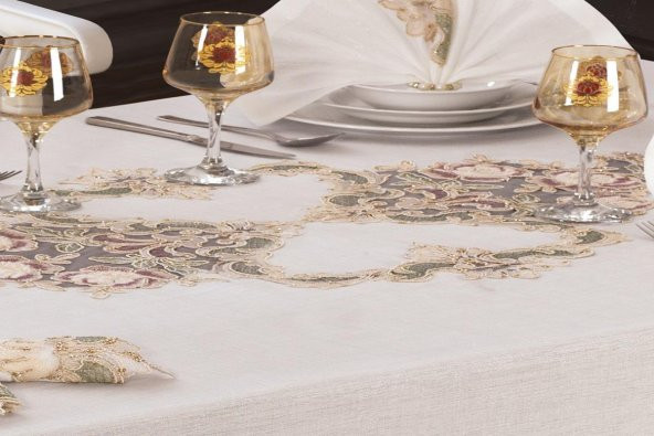 Finezza Henna Güpürlü Keten Krem Sofra Takımı 8 kişilik 160x230 cm 17Prç  - 1220 - 9