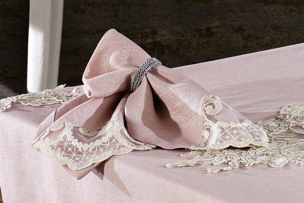 Finezza Masal Güpürlü Keten Pudra Sofra Takımı 8kişilik 160x230 cm 17Prç  - 1221 - 2