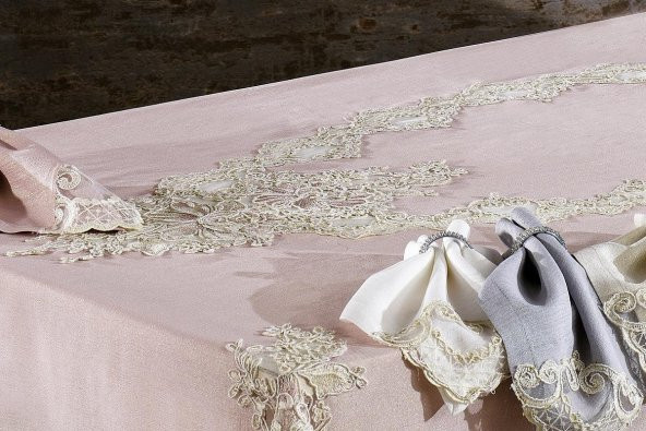 Finezza Masal Güpürlü Keten Pudra Sofra Takımı 8kişilik 160x230 cm 17Prç  - 1221 - 7
