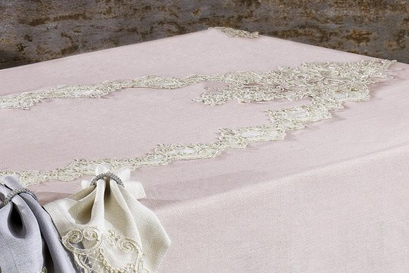 Finezza Masal Güpürlü Keten Pudra Sofra Takımı 8kişilik 160x230 cm 17Prç  - 1221 - 8