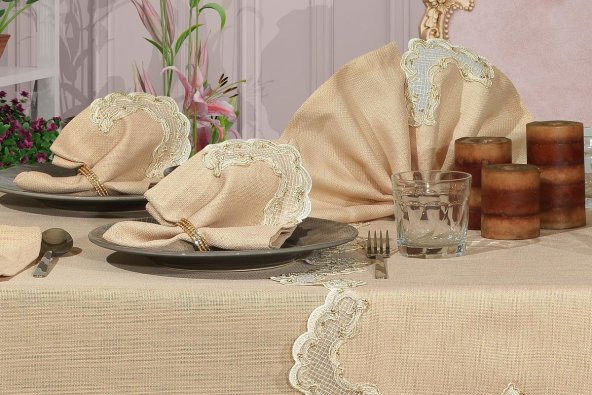 Finezza Bennu Güpürlü Keten Bej Sofra Takımı 8 kişilik 160x230 cm 18 Prç  - 1222 - 3