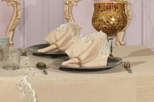 Finezza Bennu Güpürlü Keten Bej Sofra Takımı 8 kişilik 160x230 cm 18 Prç  - 1222 - 4