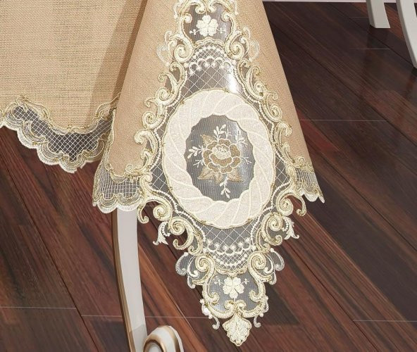 Finezza Bennu Güpürlü Keten Bej Sofra Takımı 8 kişilik 160x230 cm 18 Prç  - 1222 - 6