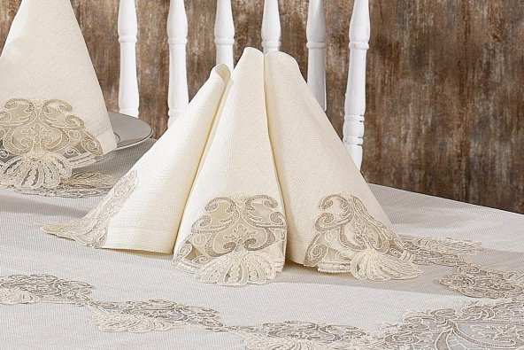 Finezza Verda Güpürlü Keten Krem Sofra Takımı 8 kişilik 160x230cm 17 Prç  - 1224 - 2