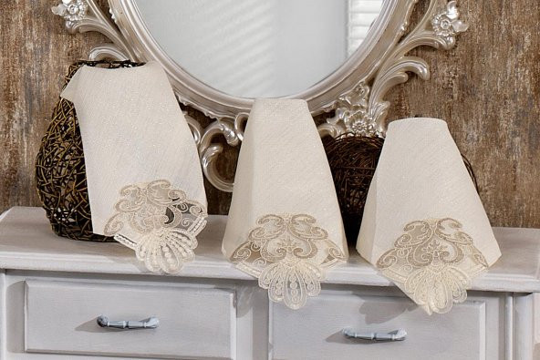Finezza Verda Güpürlü Keten Krem Sofra Takımı 8 kişilik 160x230cm 17 Prç  - 1224 - 5