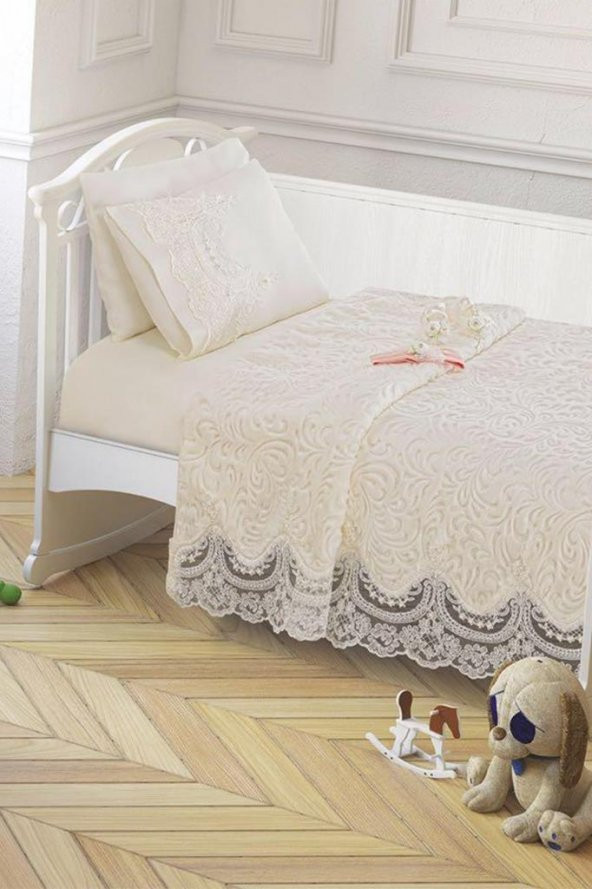 Fransız Güpürlü Bebek Battaniye Takımı Krem - 2