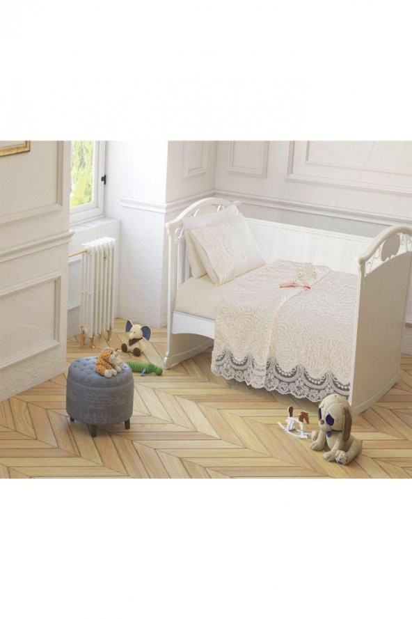 Fransız Güpürlü Bebek Battaniye Takımı Krem - 3