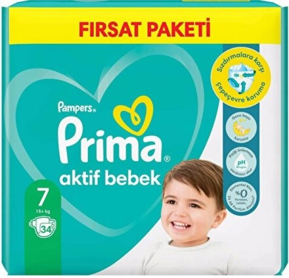 Prima Bebek Bezi Aktif Bebek 7 Beden 34 Adet XX Large Fırsat Paketi