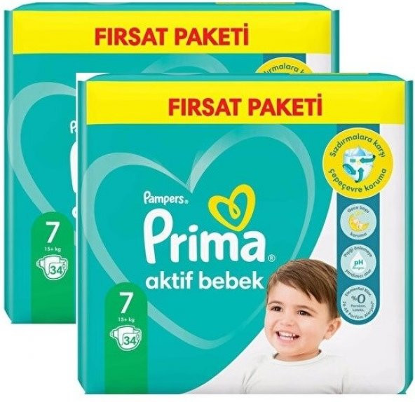 Prima Bebek Bezi Aktif Bebek 7 Beden 68 Adet 34x2 Paket Fırsat Paketi