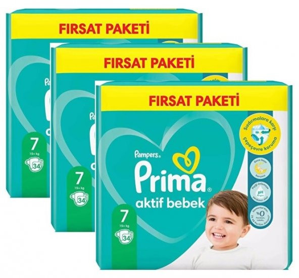 Prima Bebek Bezi Aktif Bebek 7 Beden 102 Adet 34x3 Paket Fırsat Paketi