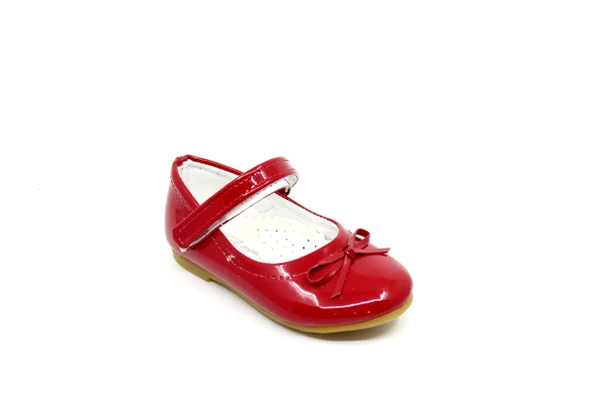 Zerhan 300 Kız Çocuk Kırmızı Rugan Fiyonklu Cırtlı Babet - Resim 3