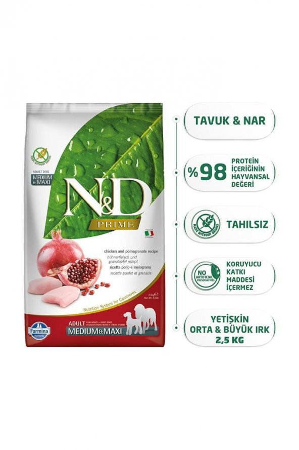 N&D Prıme Dog Tavuk&Nar Adult Med&Maxı 2,5 Kg