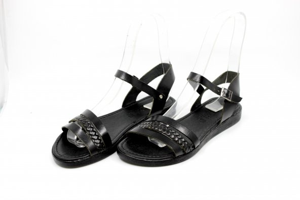 Kadın Siyah Deri Sandalet - Resim 4