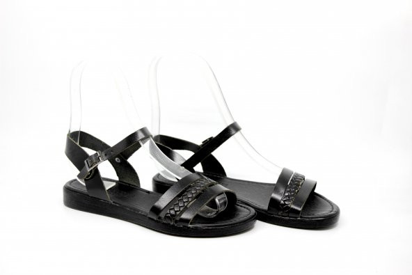 Kadın Siyah Deri Sandalet - Resim 5