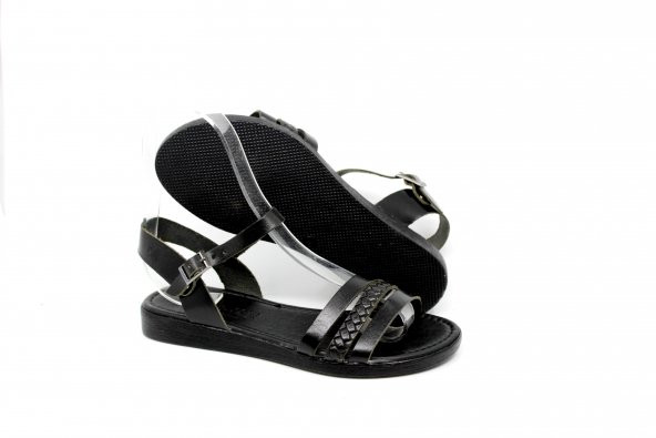 Kadın Siyah Deri Sandalet - Resim 6