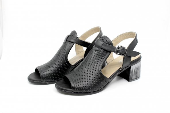 Kadın Siyah Deri Kalın Topuk Sandalet Ayakkabı Balsoylar 055 - 5