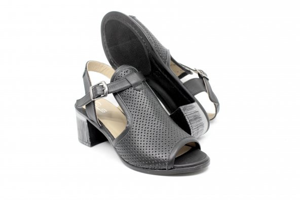 Kadın Siyah Deri Kalın Topuk Sandalet Ayakkabı Balsoylar 055 - 6