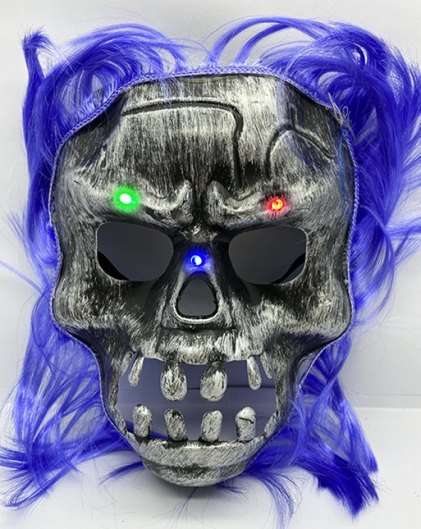 Parti Aksesuar Mor Saçlı Led Işıklı Kuru Kafa İskelet Korku Maskesi 22x25 cm