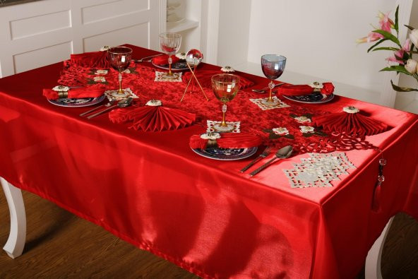 Finezza Mina Kadife Kırmızıya Bordo Sofra Tk. 8 Kşl. 160x230 cm 26 Prç.  - 1234 - 2