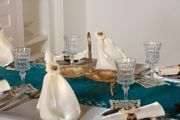 Finezza Mina Kadife Turkuaza Krem Sofra Tk. 8 Kşl. 160x230 cm 26 Prç.  - 1236 - 2