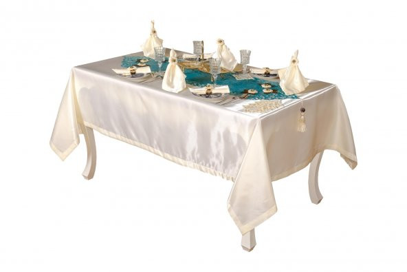 Finezza Mina Kadife Turkuaza Krem Sofra Tk. 8 Kşl. 160x230 cm 26 Prç.  - 1236 - 3