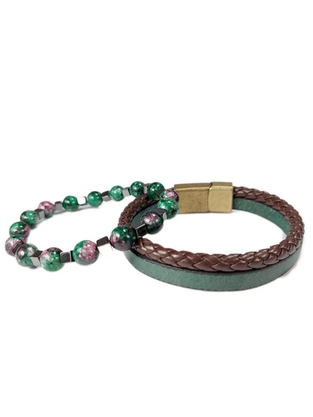 JTSS22KOB1099 JANTİ HAKİKİ DERİ MIKNATIS KAPAMA CEYT HEMATİT ONYX DOĞALTAŞ KOMBİN BİLEKLİK KUTULU ürün görseli 1