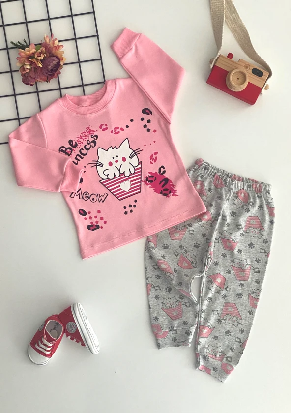 Neşeli Bebekler Kedi Desen Pijama Takımı Pembe