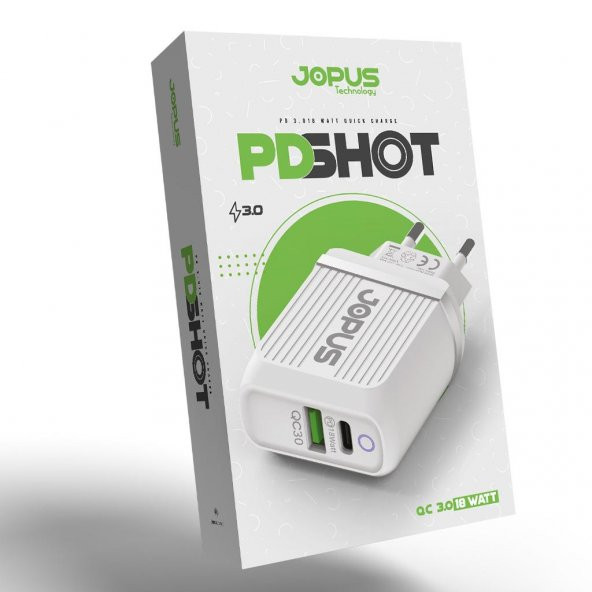 Jopus Lightning Type-C Micro Qualcom 3.0 18 Watt Yüksek Hızlı Şarj Başlığı JO-PD01 Pdshot Beyaz