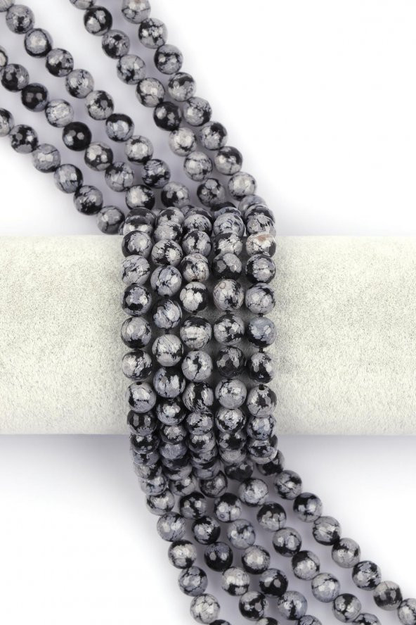 Karlı Obsidyen Doğal Taş Dizi 8 mm Fasetli Küre Kesim ürün görseli