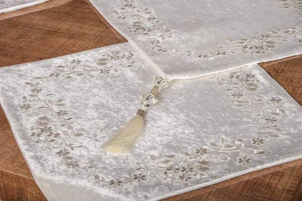 Finezza Ambra Kadife Nakışlı Runnerlı Krem Salon Takımı 4 Parça - 1249 - 4
