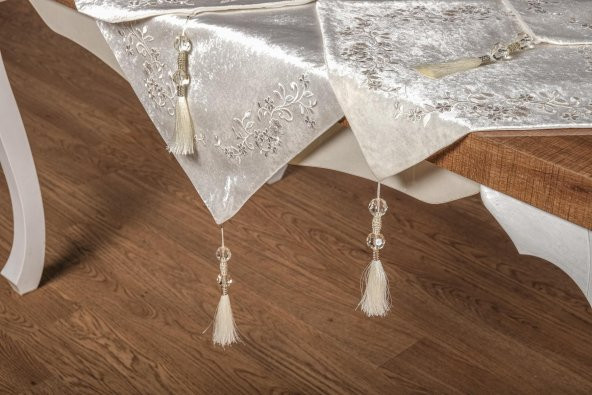 Finezza Ambra Kadife Nakışlı Runnerlı Krem Salon Takımı 4 Parça - 1249 - 5